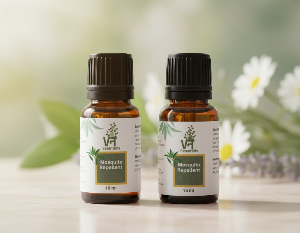 Two bottles of Vann Essentials Mosquito Repellent oil and Mosquito Repellent Roll On.