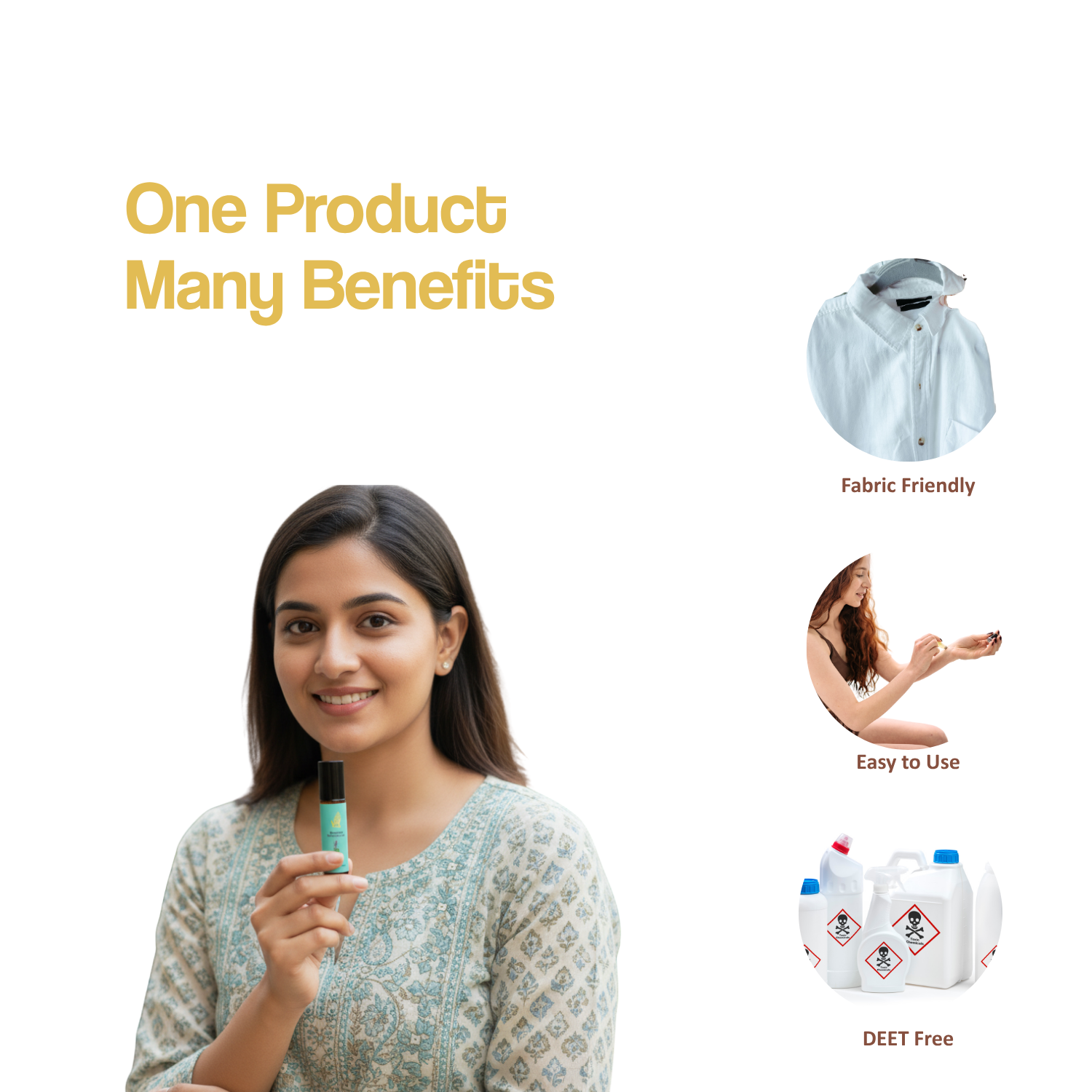Woman holding a Mosquito Roll On from vann essentials highlighting benefits.
