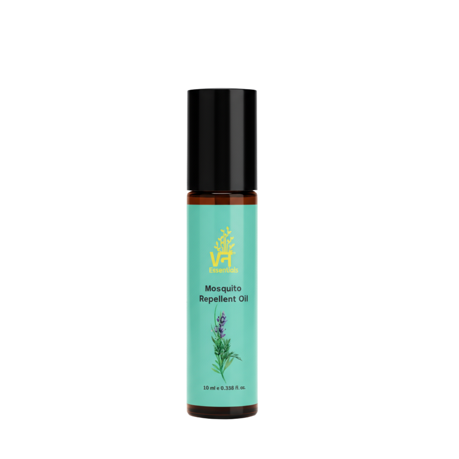 Mosquito repellent oil bottle with green label and black cap.